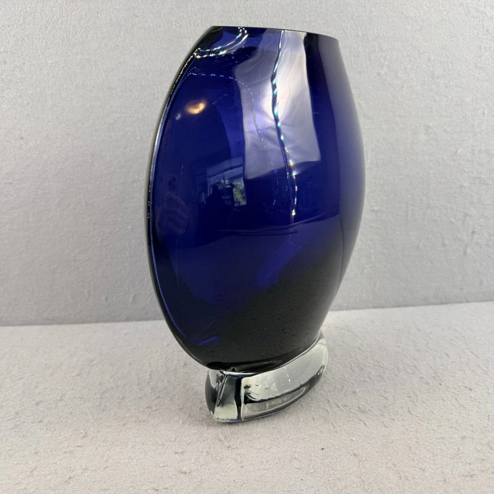 Lg Vtg Cobalt Blue Art Glass Oblique Vase 10